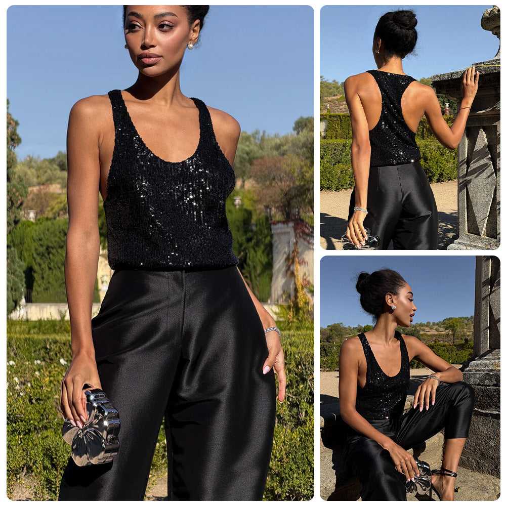 Damen Glamouröses Paillettenoberteil mit tiefem Ausschnitt und elegantem Schnitt EB