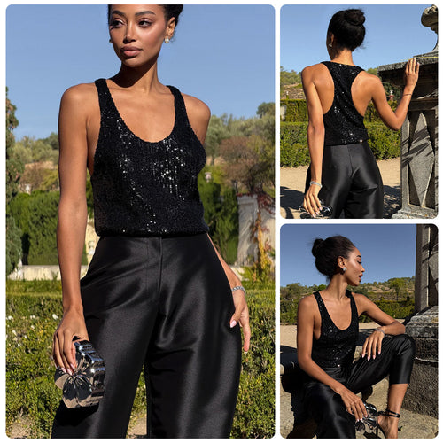 Damen Glamouröses Paillettenoberteil mit tiefem Ausschnitt und elegantem Schnitt EB