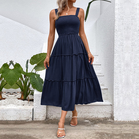 Damen Midikleid mit elastischem Oberteil und fließendem Rock EB