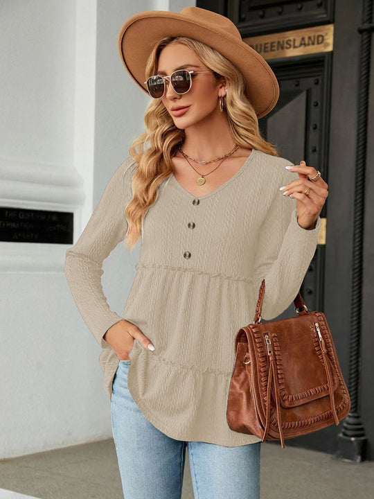 Damen Langarm Tunika mit Knopfdetail und Volant EB