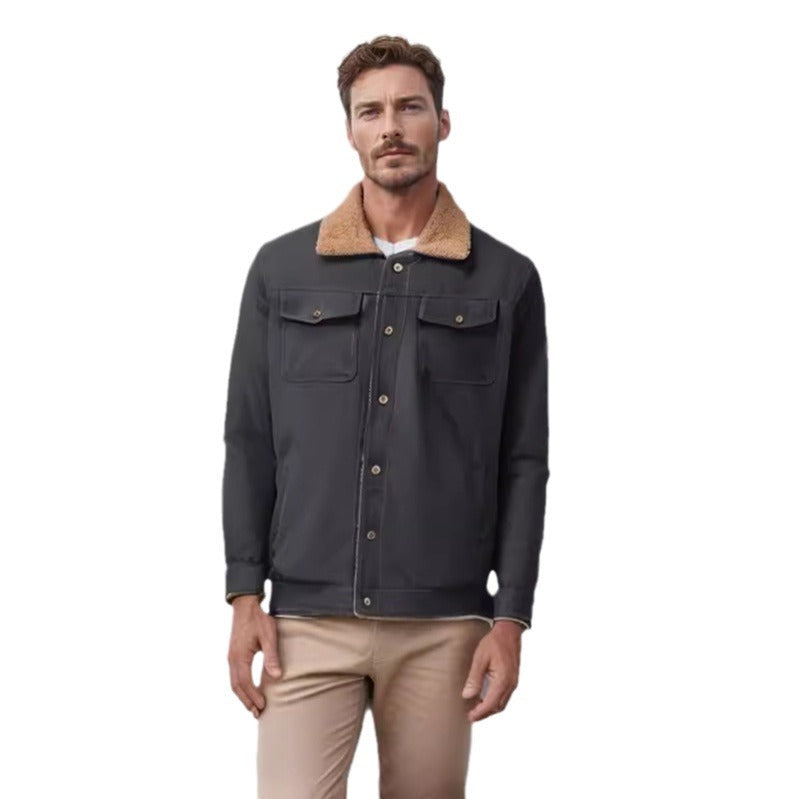 Herren lässige Jacke mit Kunstfellkragen und praktischen Taschen EB