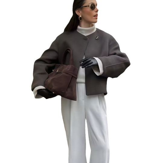 Damen Wickeljacke mit weiten Ärmeln und dekorativem Knopf EB