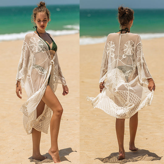 Damen elegante Häkel-Strandtunika mit floralen Details EB
