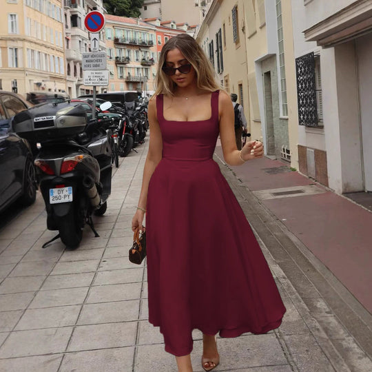 Damen A-Linien Maxikleid mit quadratischem Ausschnitt und fließendem Stoff EB