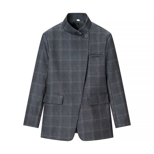 Damen nan taillierter Karo-Mantelblazer mit Stehkragen, asymmetrischer Knopfblende und Pattentaschen EB