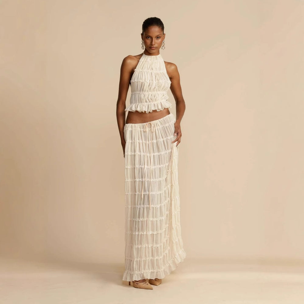 Damen Elegantes und verspieltes Zweiteiliges Sommerkleid mit gerafftem Oberteil und fließendem Rock EB