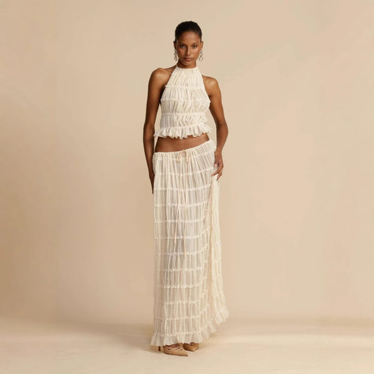 Damen Elegantes und verspieltes Zweiteiliges Sommerkleid mit gerafftem Oberteil und fließendem Rock EB
