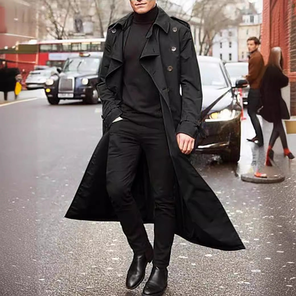 Herren langer Trenchcoat mit modernem Schnitt und praktischen Taschen EB