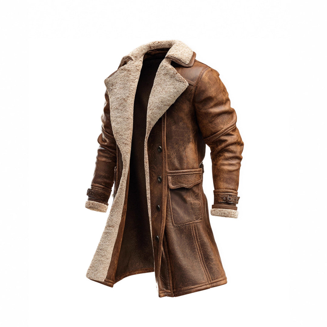 Herren nan langer vintage Biker-Ledermantel mit durchgehendem Sherpa-Futter, Pattentaschen und verstellbaren Schnallenmanschetten EB