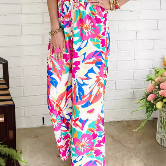 Damen weite Palazzo-Hose mit buntem Blumenmuster und elastischem Bund EB