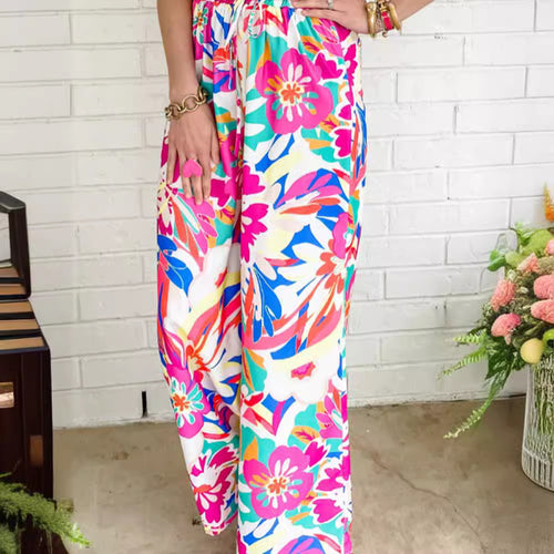 Damen weite Palazzo-Hose mit buntem Blumenmuster und elastischem Bund EB