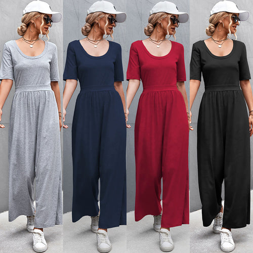 Damen Jumpsuit mit weitem Bein und elegantem Rundhalsausschnitt EB