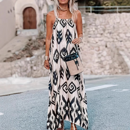 Damen maxi Kleid mit zeitgemäßem Tribal-Muster und schwingendem Saum EB