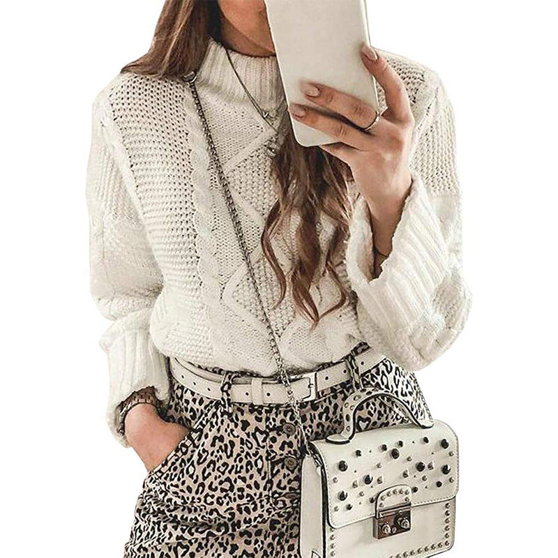 Damen modischer Strickpullover mit eleganten Zopfmustern und leichtem Rollkragen EB