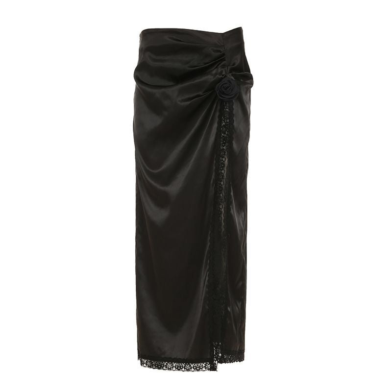 Damen eleganter Satin-Abendrock mit raffinierten Rüschen und Spitzenakzenten EB