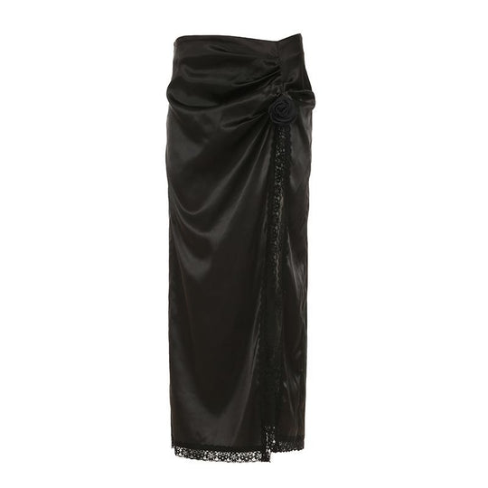 Damen eleganter Satin-Abendrock mit raffinierten Rüschen und Spitzenakzenten EB