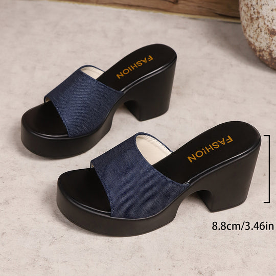 Damen Plateau-Sandaletten mit modischem Denim-Obermaterial und dekorativem Schmuckdetail EB