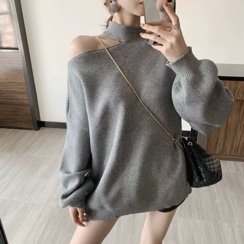 Damen modischer Oversized-Pullover mit schulterfreier Schnittführung und Rollkragen EB