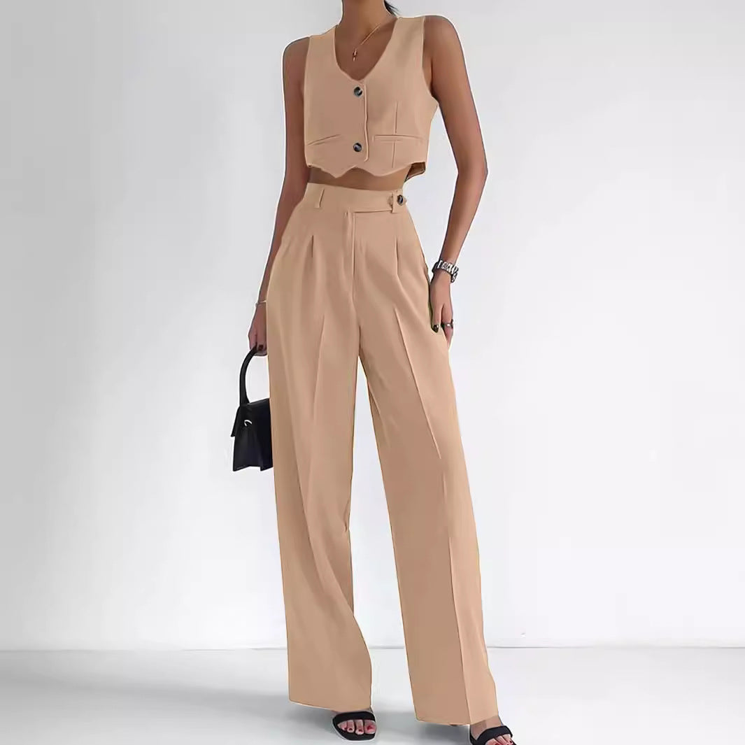 Damen Modisches Zweiteiler-Set aus ärmellosem Cropped Top und weiter Hose EB