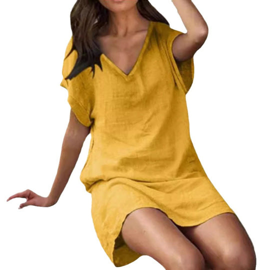 Damen nan V-Ausschnitt-Tunika-Kleid mit kastigem Schnitt, überschnittenen Fledermausärmeln und geradem Saum EB