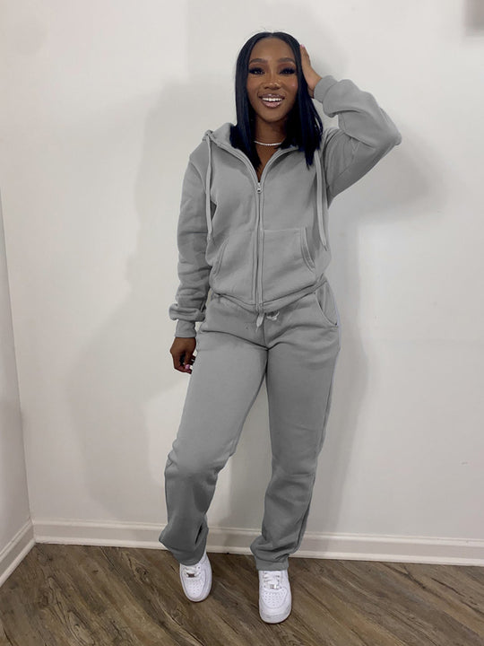 Damen nan Komfort-Zip-Hoodie mit taillenhoher Bootcut-Jogginghose Set EB