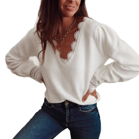 Damen Strickpullover mit Spitzenkragen und Puffärmeln EB