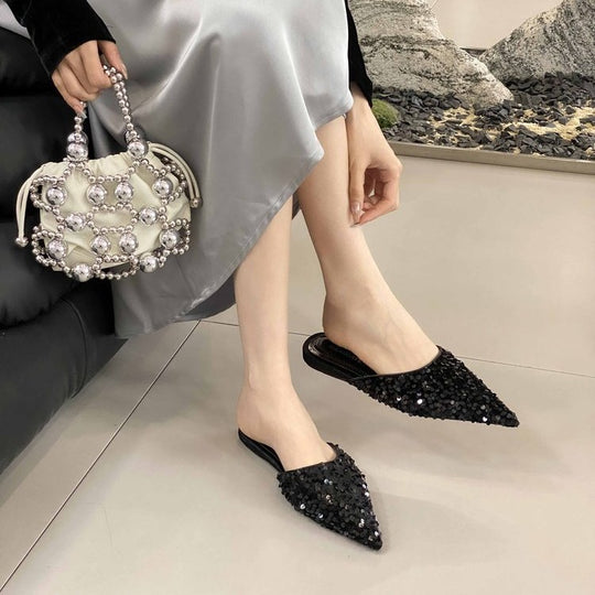 Damen elegante Mules mit glamourösem Paillettenbesatz EB