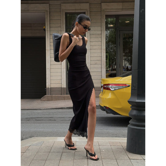 Damen Maxikleid mit Spitzenabschluss und hohem Schlitz EB