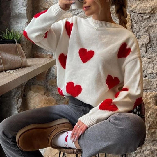 Damen Bequemer Sweater mit Herzmuster EB