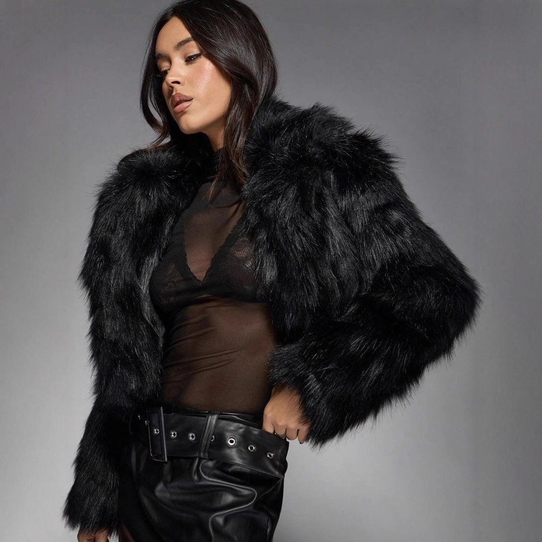 Damen Modische Kurzjacke mit glamourösem Kunstfell EB