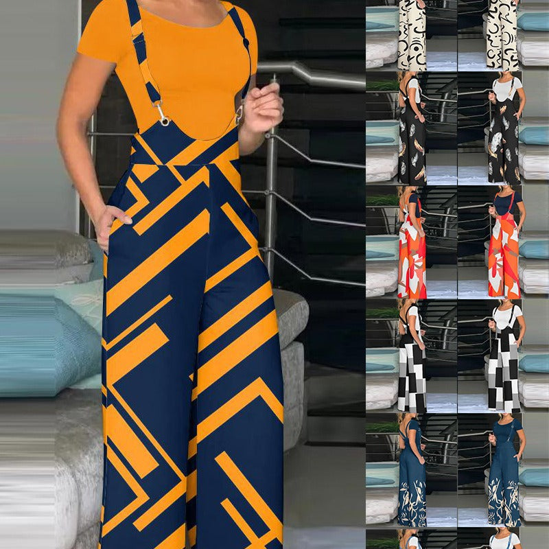 Damen modische Latzhose mit weitem Bein und buntem Grafikdesign EB