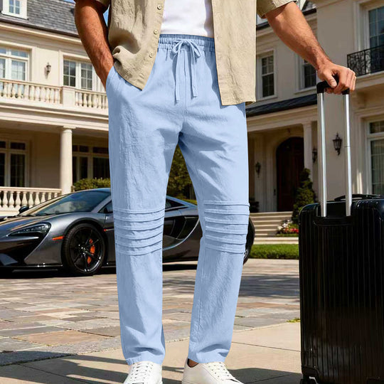 Herren Leinenoptik-Loungehose mit Tunnelzug elastischem Bund und abgesteppten Kniepanelen EB