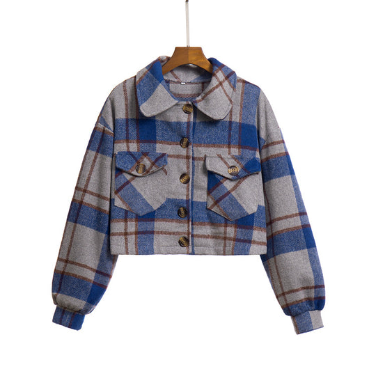Damen modische Karojacke mit cropped Schnitt und praktischen Taschen EB