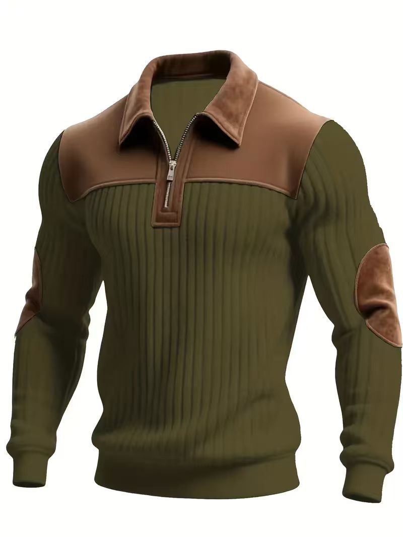 Herren nan gerippter Halbzip-Pullover mit kontrastierenden Lederapplikationen an Schultern und Ellenbogen EB