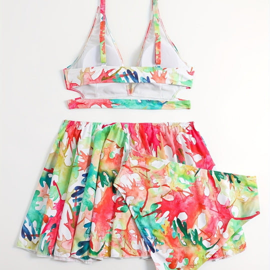 Damen Bikini-Set mit fließendem Rock und verspieltem Print EB