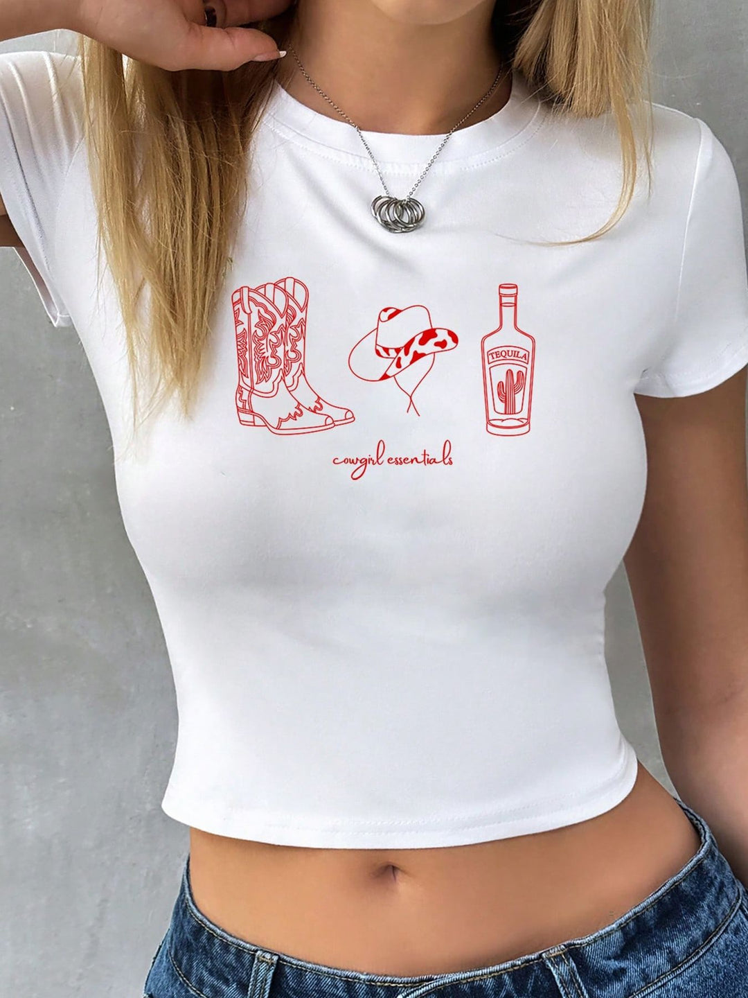 Damen Crop-T-Shirt mit kreativem Cowboy-Design EB