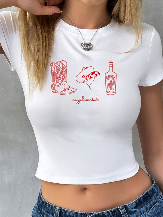 Damen Crop-T-Shirt mit kreativem Cowboy-Design EB