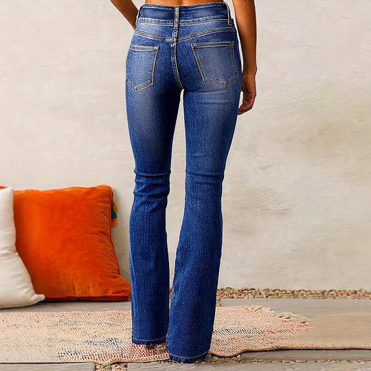 Damen Hohe Taille Flared Jeans mit dekorativen Knopfdetails und figurschmeichelndem Schnitt EB