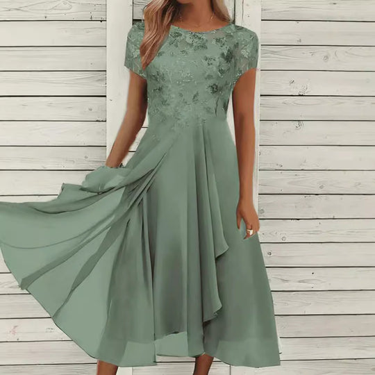 Damen nan elegantes Chiffon-Midikleid mit floraler Spitzenapplikation und fließendem Tellerrock EB