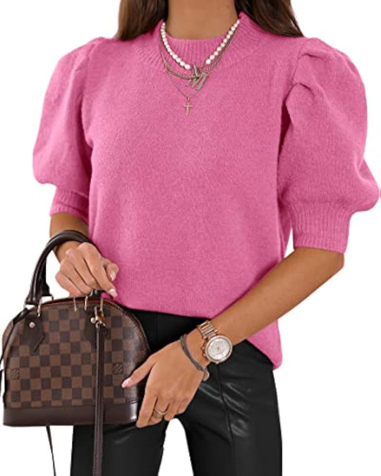 Damen Kurzgeschnitteter Feinstrickpullover mit Puffärmeln und Rippbündchen EB