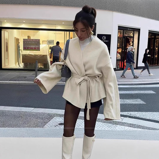 Damen modische Wickeljacke mit Gürtel und weiten Ärmeln EB
