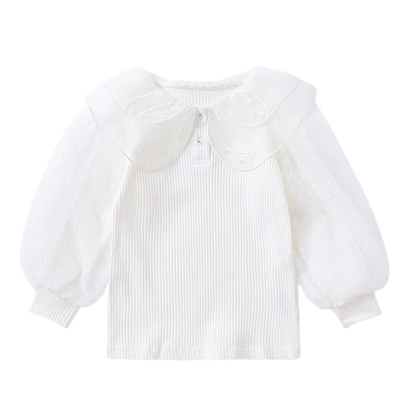 Damen elegante Bluse mit Puffärmeln und Spitzenkragen EB