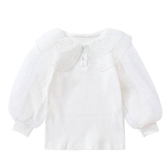 Damen elegante Bluse mit Puffärmeln und Spitzenkragen EB