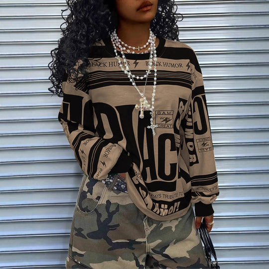 Damen Oversize‑Longsleeve Sweatshirt mit Allover‑Grafik, Rundhalsausschnitt und gerippten Bündchen EB