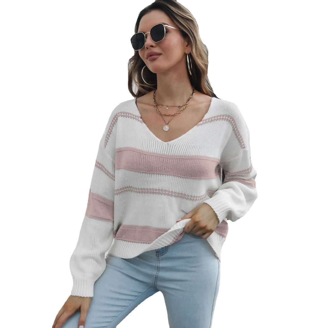 Damen V-Ausschnitt Strickpullover mit gestreiftem Design und lässigem Schnitt EB