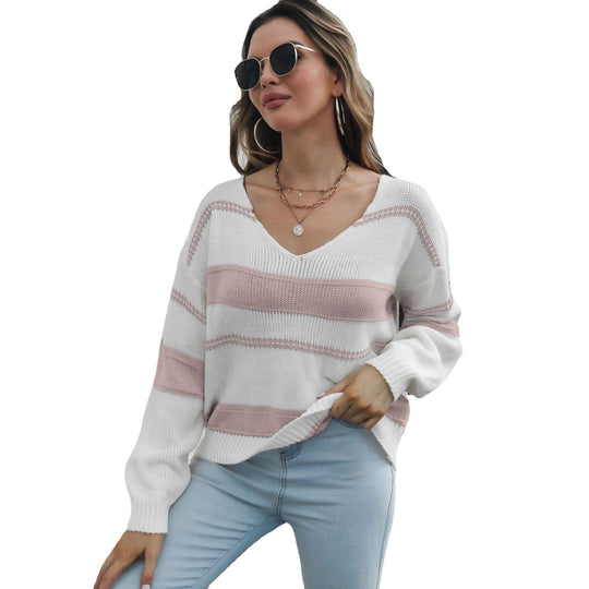 Damen V-Ausschnitt Strickpullover mit gestreiftem Design und lässigem Schnitt EB