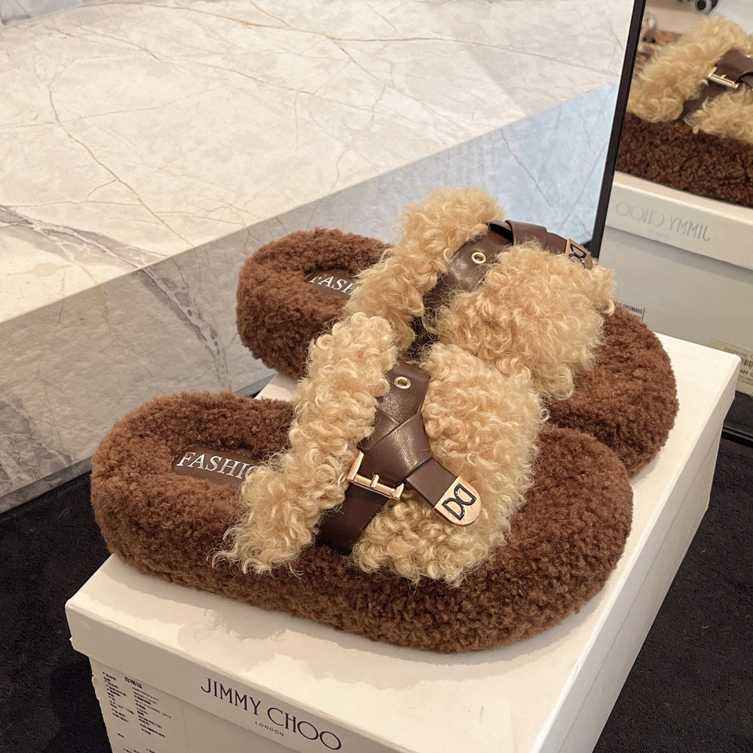 Damen Flauschige Pantoletten mit modischem Riemendesign EB