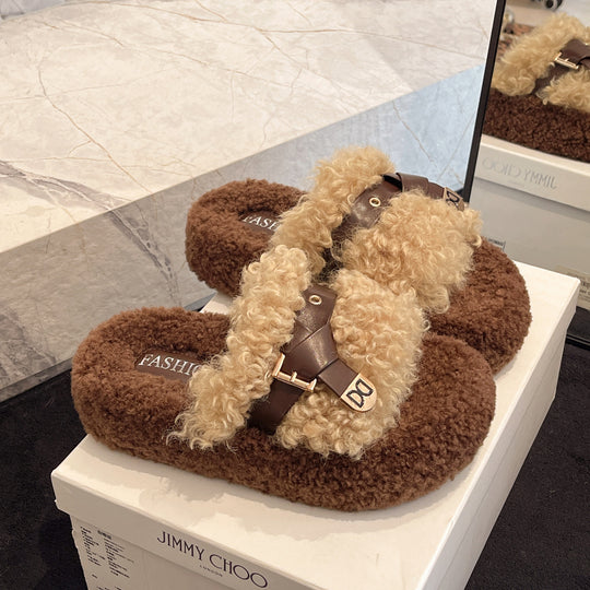 Damen Flauschige Pantoletten mit modischem Riemendesign EB