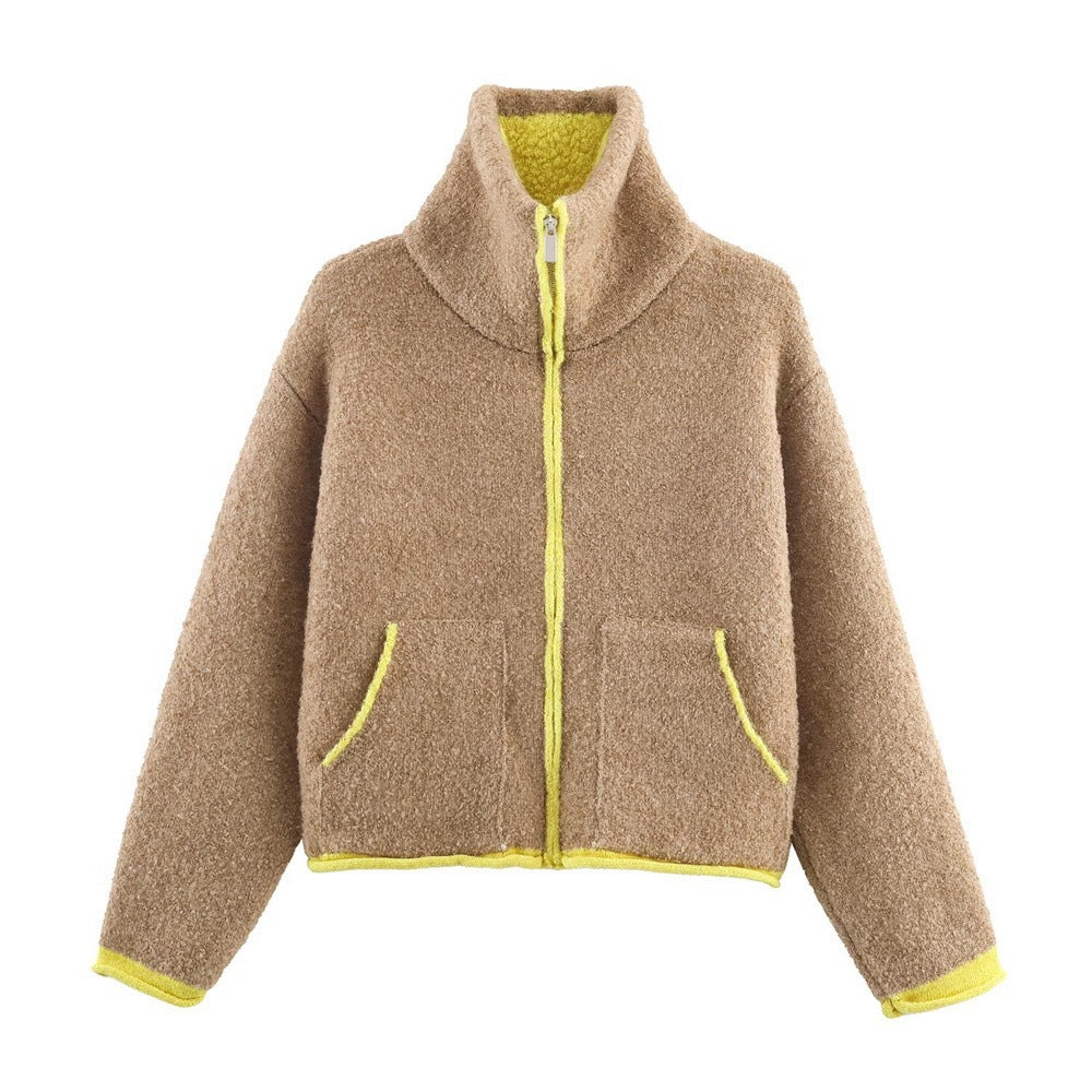 Damen nan kurze Fleecejacke mit hohem Stehkragen, durchgehendem Reißverschluss und aufgesetzten Taschen EB