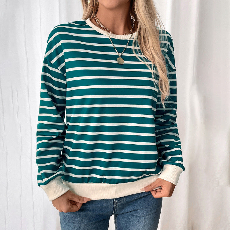 Damen Lässiger Streifenpullover mit elastischen Bündchen und Rundhalsausschnitt EB